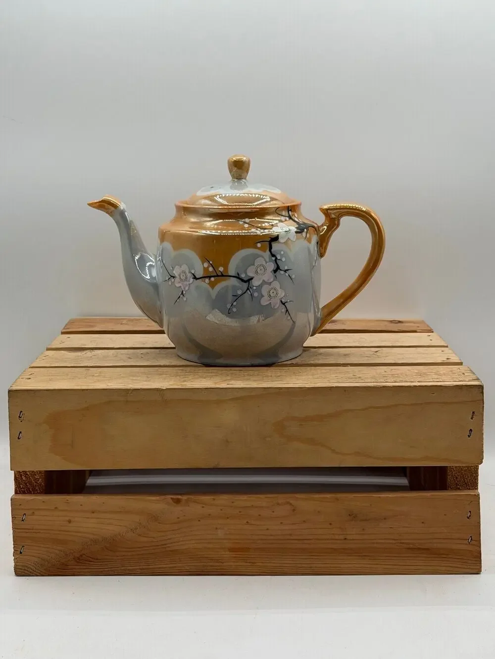 Vintage Hand-Painted Lustreware Teapot with Floral Design and Iridescent Finish